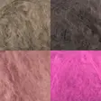 Fire nærbilder av hårete Mohrino-garn i beige, mørk brun, gammelrosa og rosa