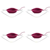 Fire like bilder av tre metallpinner med lys, bøyd midtdel og en påbegynt rosa rundstrikk