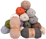 Drops Nepal-nøster i beige, koksgrått, oransje, grønt, brunt og lilla