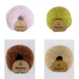 Fire luftige nøster Navia Alpakka på 25 gram i lys rosa, lime, rustbrun og beige