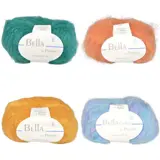 Fire nøster Bella by Permin i grønt, oransje, sennepsgult og en flerfarget blå Bella Color