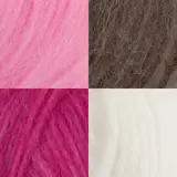Fire nærbilder av Viking Garn Alpaca Bris i rosa, gråbrun, cerise og hvitt