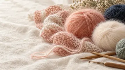 Luftige nøster av mohairgarn i lys rosa og kremhvitt ved et tynt, gjennomsiktig strikkesjal og strikkepinner i tre