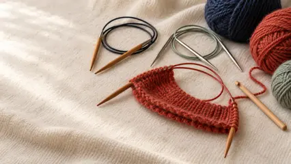 Flere rundpinner med kabel i tre og metall, den ene med noen omganger rustrødt strikketøy på, ved garnnøster