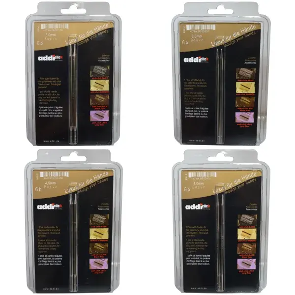 Fire addi click-blisterpakninger med ett par metallspisser hver, i 3,5, 4,0, 4,5 og 5,0 mm