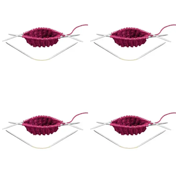 Fire like bilder av tre metallpinner med lys, bøyd midtdel og en påbegynt rosa rundstrikk