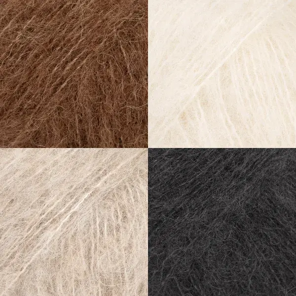 Nærbilde i fire ruter av lodden Drops Brushed Alpaca Silk i brunt, hvitt, natur og svart