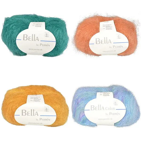 Fire nøster Bella by Permin i grønt, oransje, sennepsgult og en flerfarget blå Bella Color
