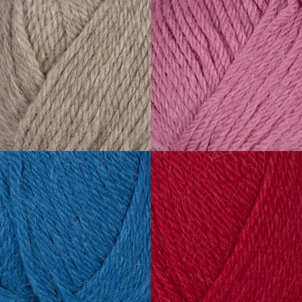 Nærbilde i fire ruter av Viking Garn Alpaca Storm i beige, rosa, blått og rødt