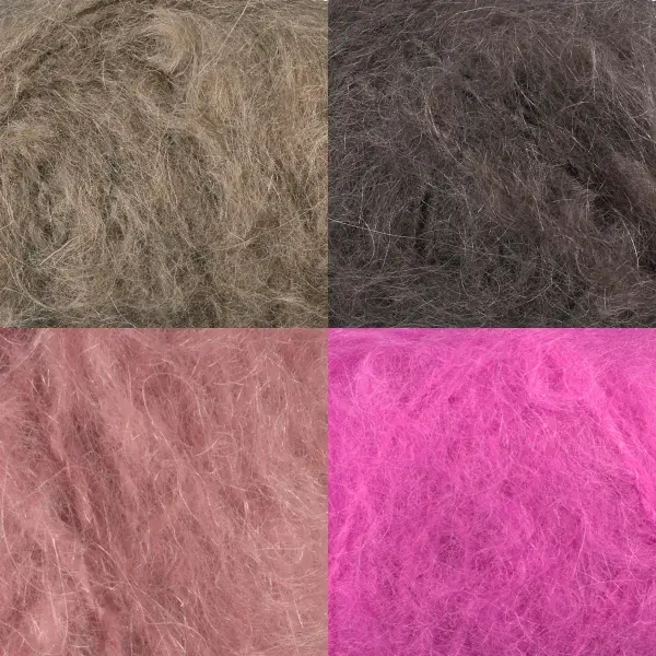 Fire nærbilder av hårete Mohrino-garn i beige, mørk brun, gammelrosa og rosa