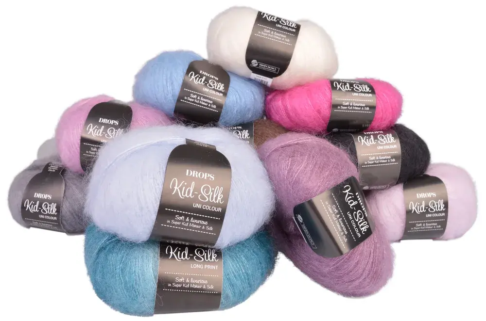 Lodne Drops Kid-Silk-nøster i lyseblått, rosa, hvitt, lilla, petrol og grått
