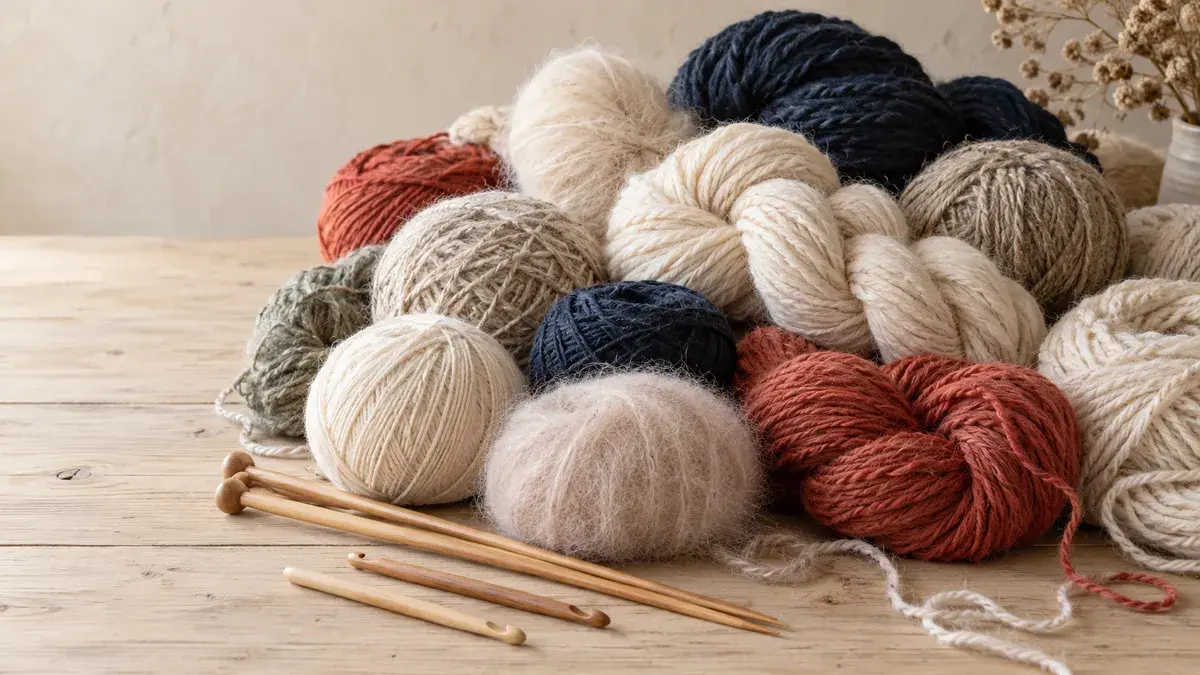 Nøster og fedd i ull, mohair, bomull og alpakka i kremhvitt, blåsvart, rustrødt og lavgrønt på et lyst trebord, med strikkepinner i tre foran