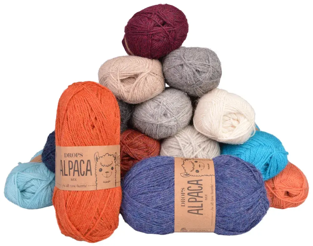 Drops Alpaca-nøster med alpakka-banderole i oransje, blått, turkis, vinrødt, beige og grått