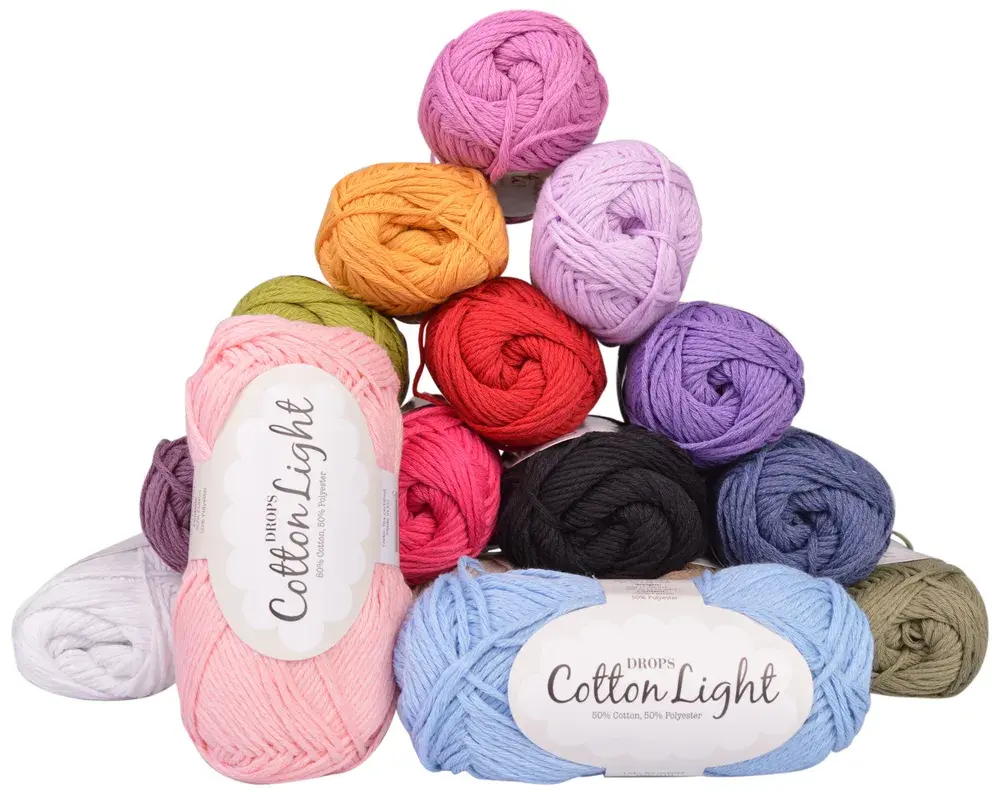 Drops Cotton Light-nøster i rosa, lyseblått, rødt, lilla, oransje, svart og hvitt