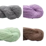 Fire fedd av BC Garn Babyalpaca 10/2 i grå, lilla, mintgrønn og brun