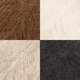 Nærbilde i fire ruter av lodden Drops Brushed Alpaca Silk i brunt, hvitt, natur og svart