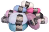 Lodne Drops Kid-Silk-nøster i lyseblått, rosa, hvitt, lilla, petrol og grått