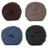 Fire nøster Hjertegarn Silk Kid Mohair i brun, gråbeige, blå og svart