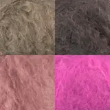 Fire nærbilder av hårete Mohrino-garn i beige, mørk brun, gammelrosa og rosa